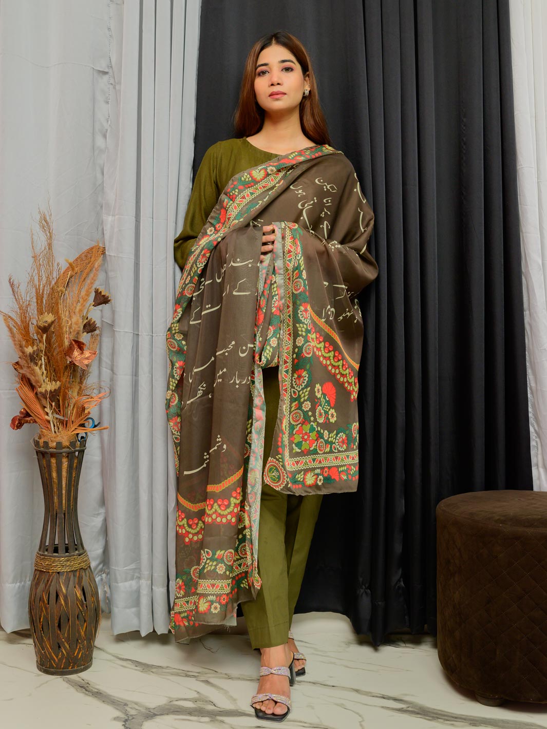 Washma Premium Silk Dupatta (Olive)