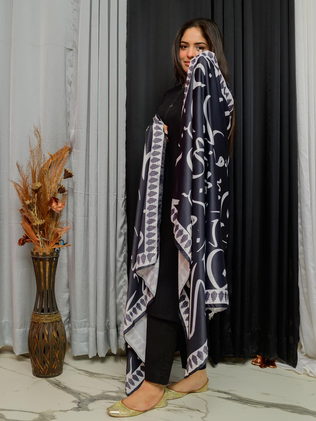 Huroof V2 Silk Dupatta (Black)