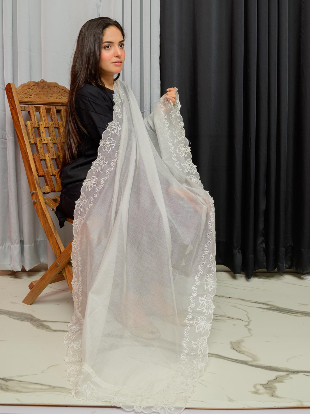 Khaddi Net Embroidered Dupatta (White 002)