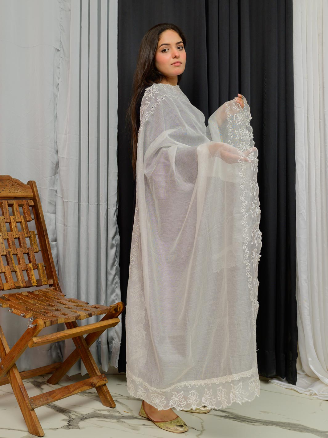 Khaddi Net Embroidered Dupatta (White 002)