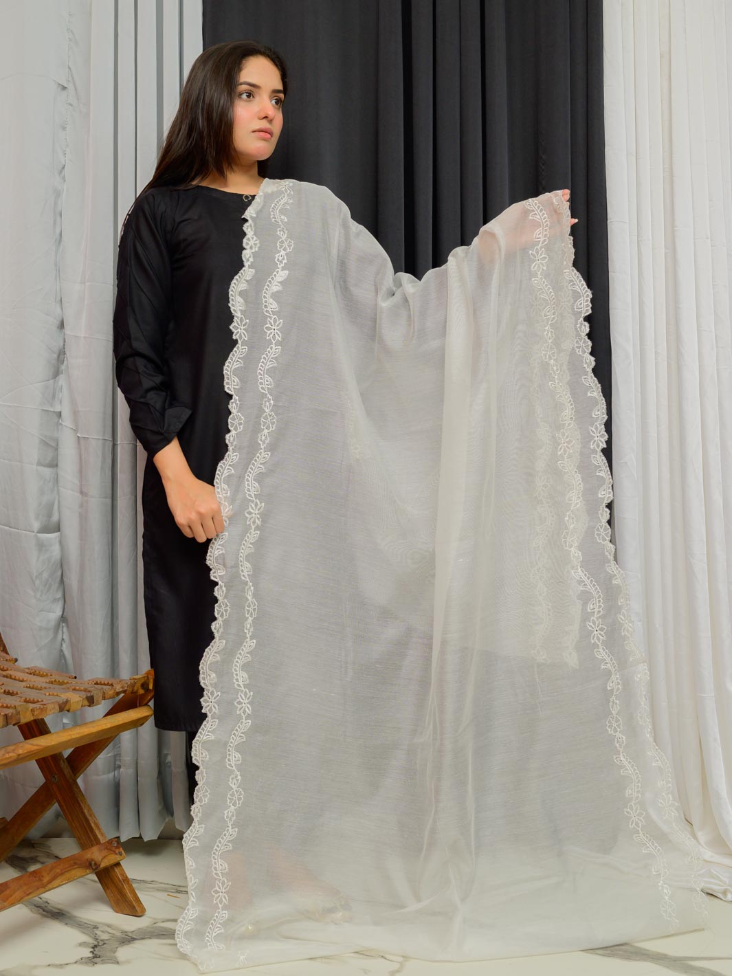 Khaddi Net Embroidered  Dupatta (Off White 004)