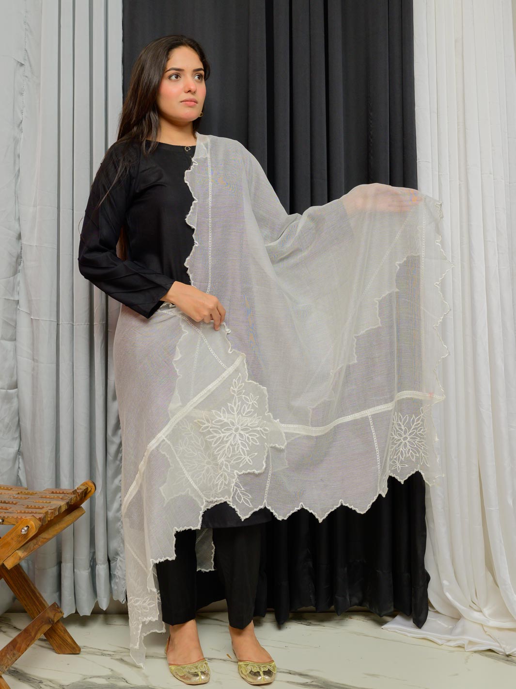 Khaddi Net Embroidered Dupatta (White 007)