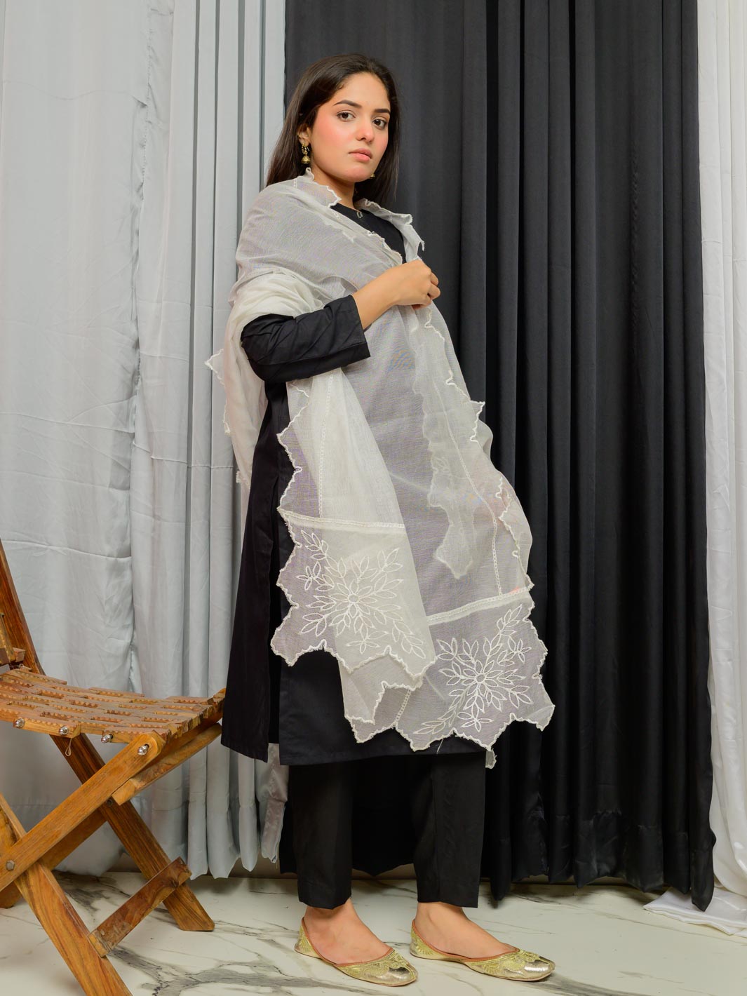 Khaddi Net Embroidered Dupatta (White 007)