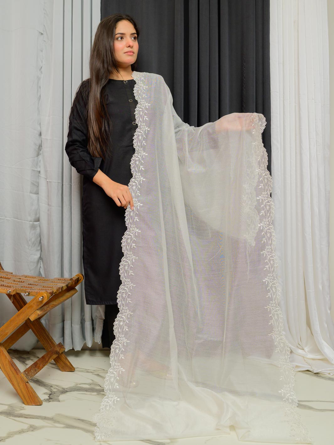 Khaddi Net Embroidered Dupatta ( off White 009)