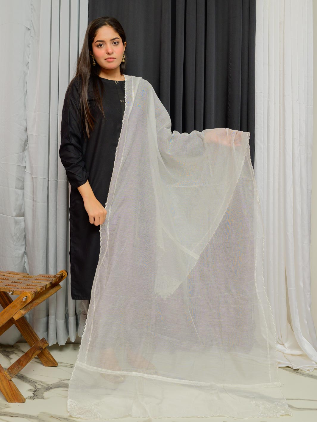 Khaddi Net Embroidered Dupatta (White 0010)