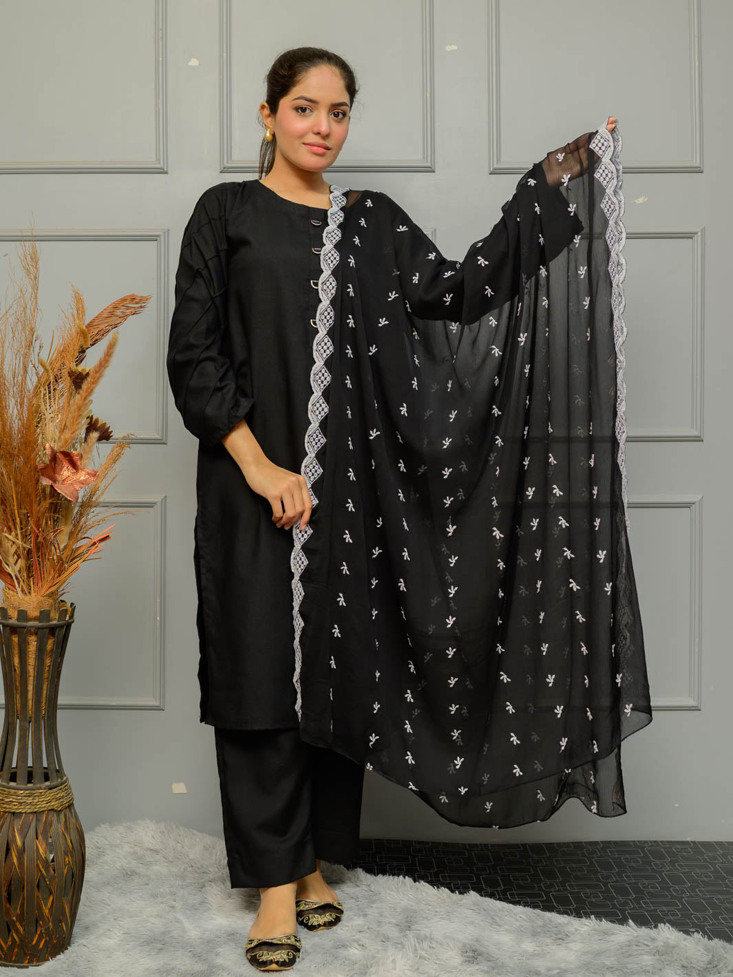 Chiffion Embroidered Dupatta (Black&White 001)