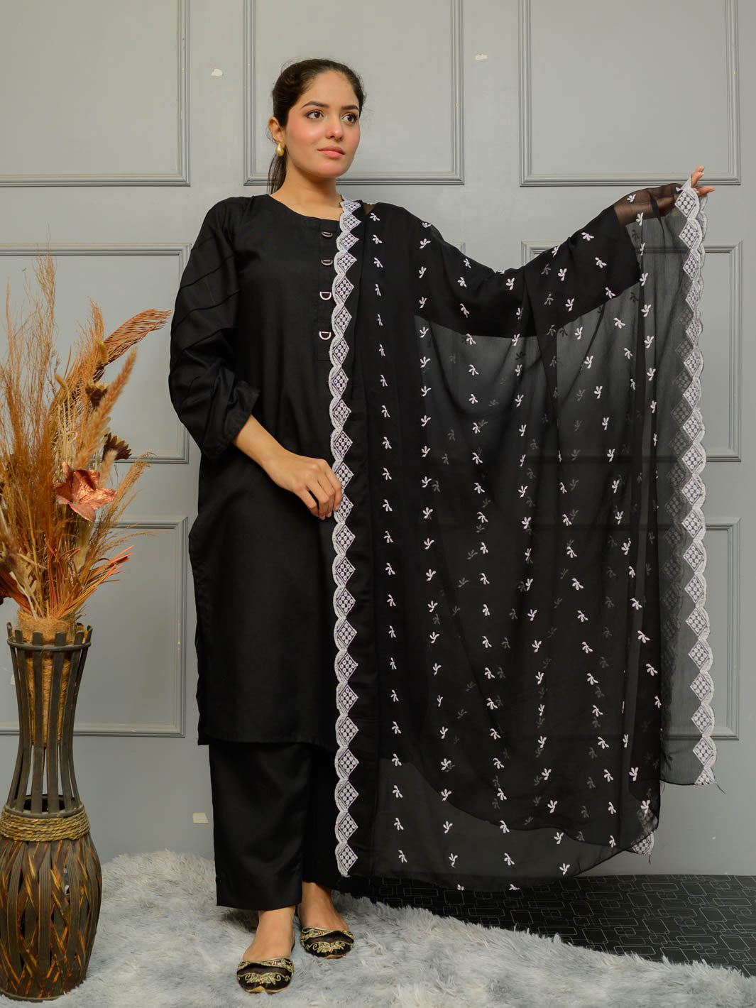 Chiffion Embroidered Dupatta (Black&White 001)