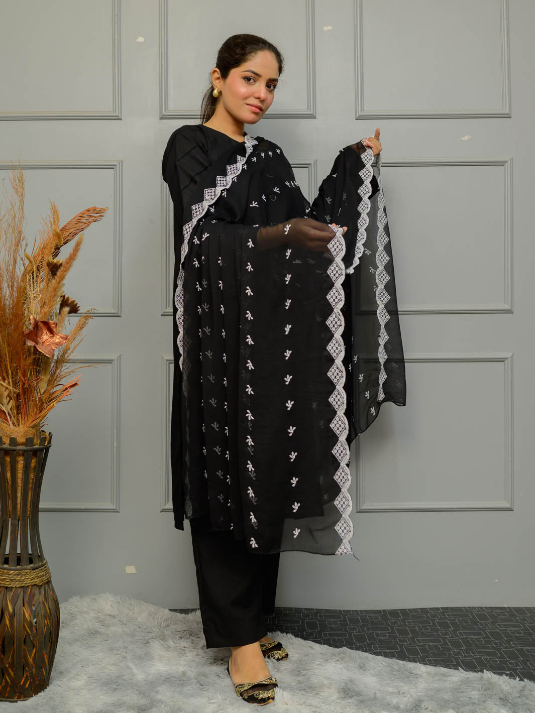 Chiffion Embroidered Dupatta (Black&White 001)