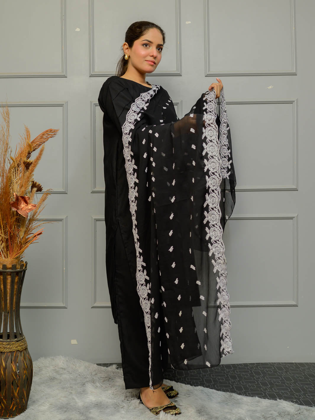 Chiffion Embroidered Dupatta (Black&White 002)