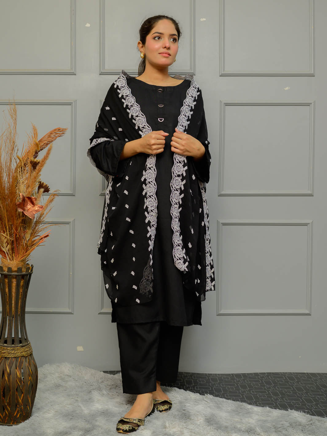 Chiffion Embroidered Dupatta (Black&White 002)