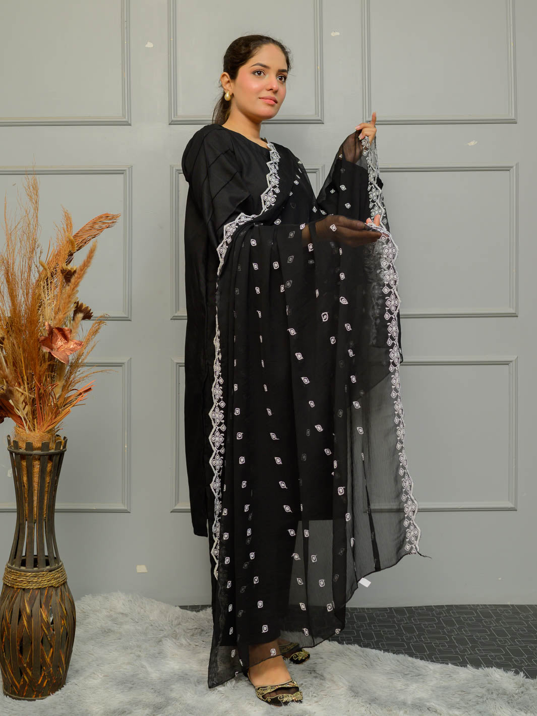 Chiffion Embroidered Dupatta (Black&White 003)