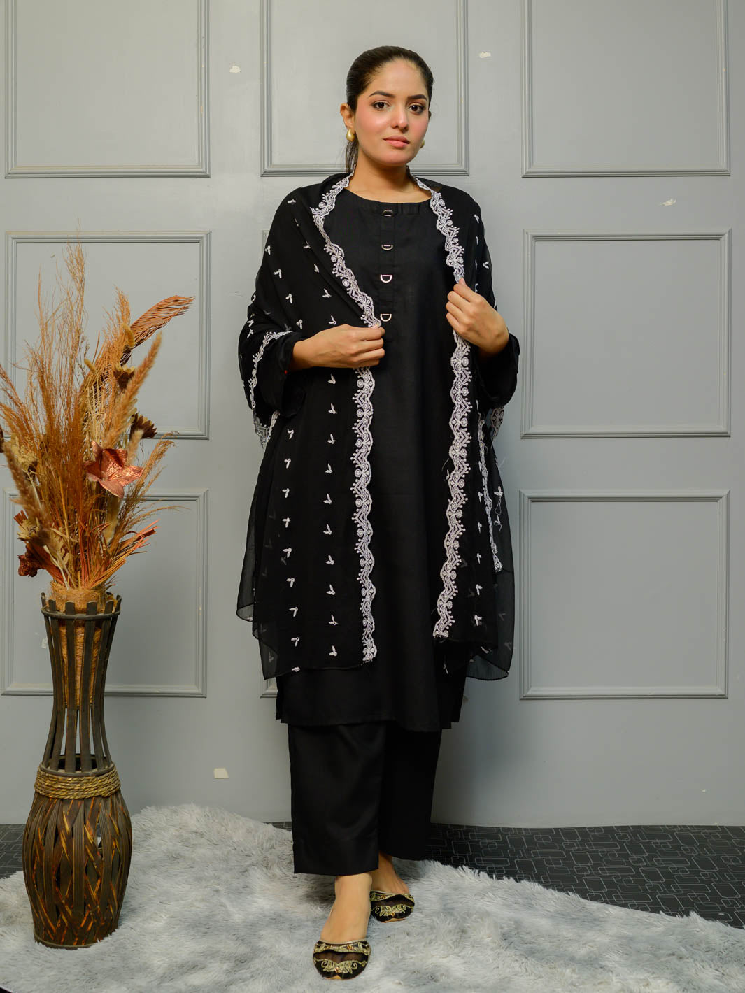 Chiffion Embroidered Dupatta (Black&White 004)