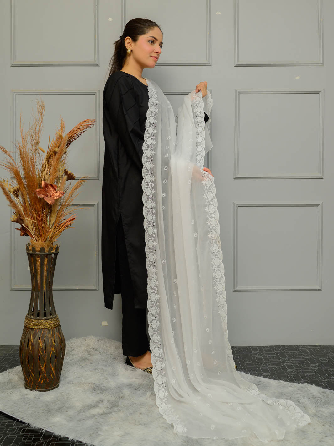Chiffion Embroidered Dupatta (White 005)
