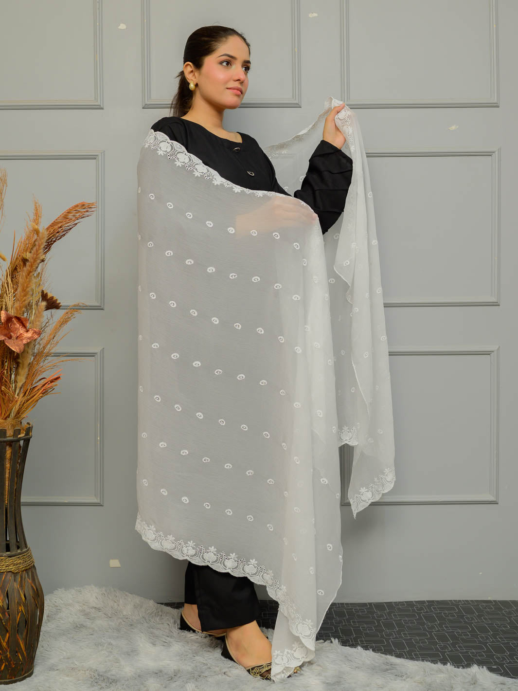 Chiffion Embroidered Dupatta (White 005)