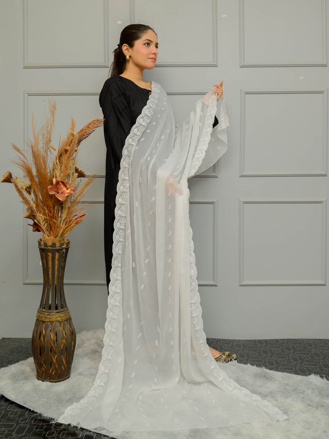 Chiffion Embroidered Dupatta (White 006)