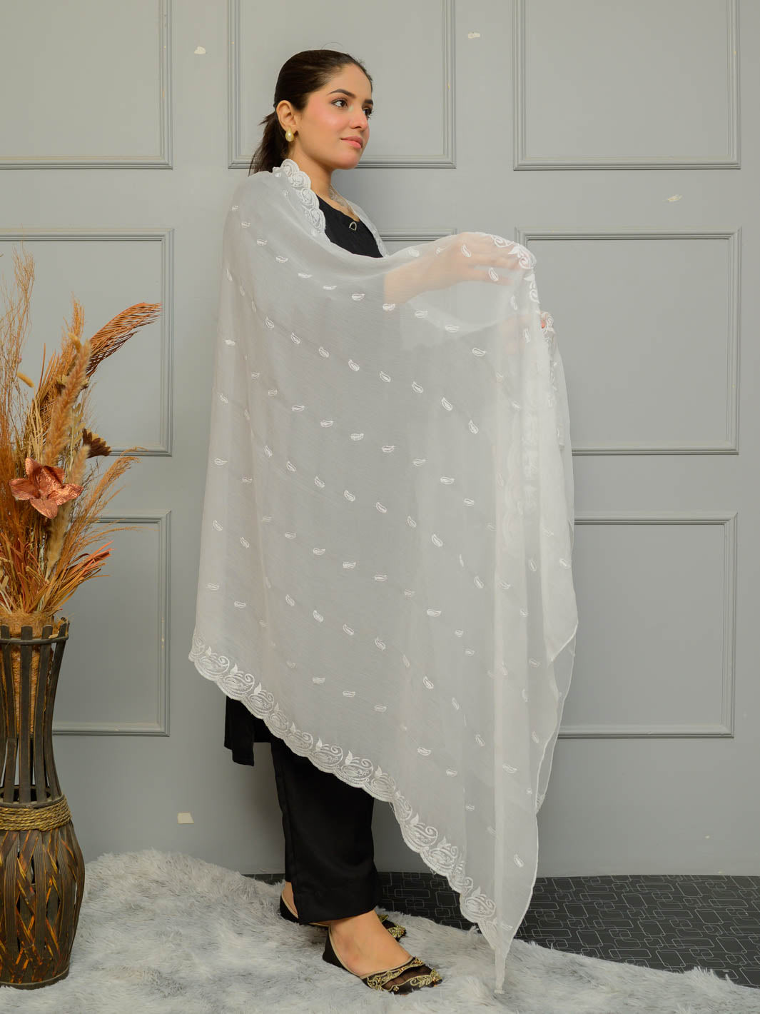 Chiffion Embroidered Dupatta (White 006)