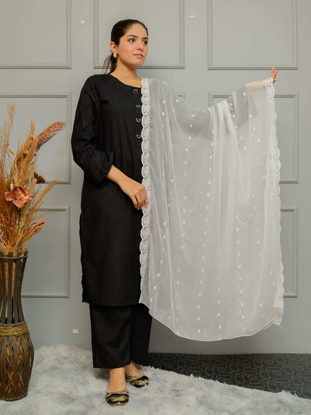Chiffion Embroidered Dupatta (White 003)