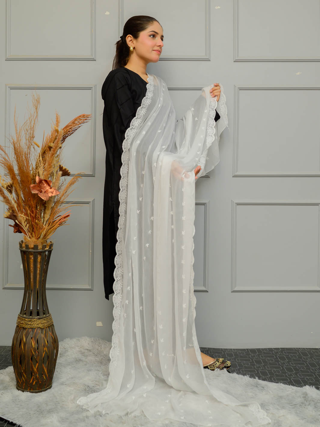 Chiffion Embroidered Dupatta (White 003)