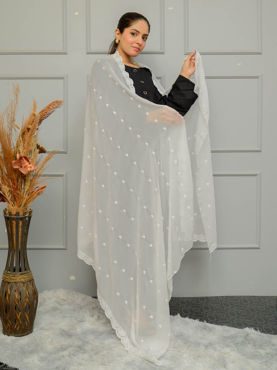 Chiffion Embroidered Dupatta (White 003)