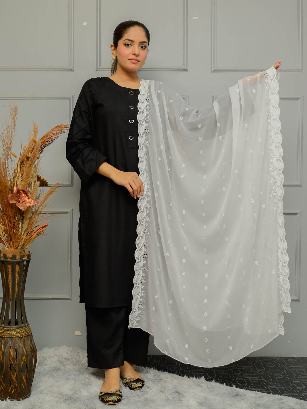 Chiffion Embroidered Dupatta (White 002)