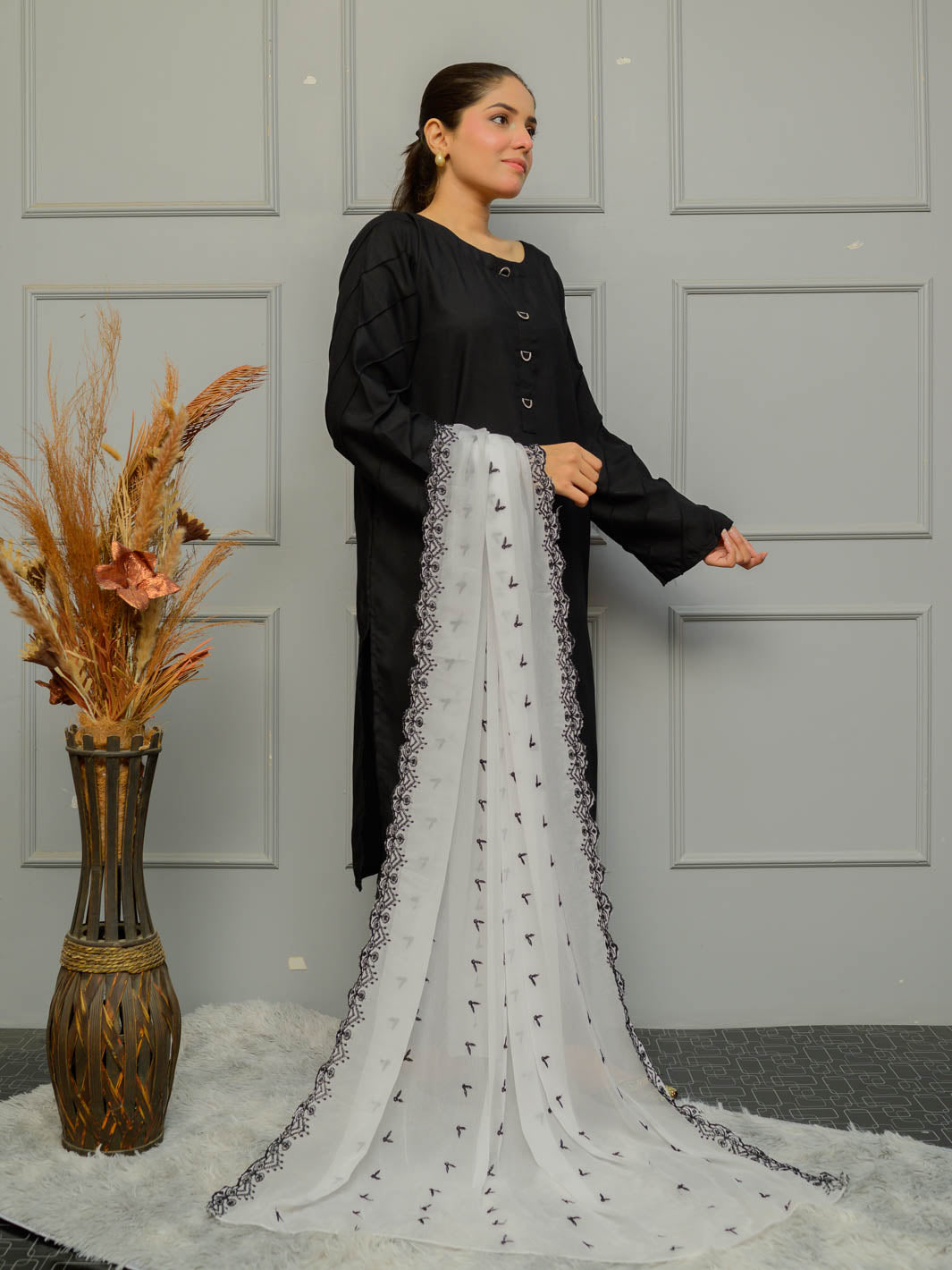 Chiffion Embroidered Dupatta (White&Black 002)