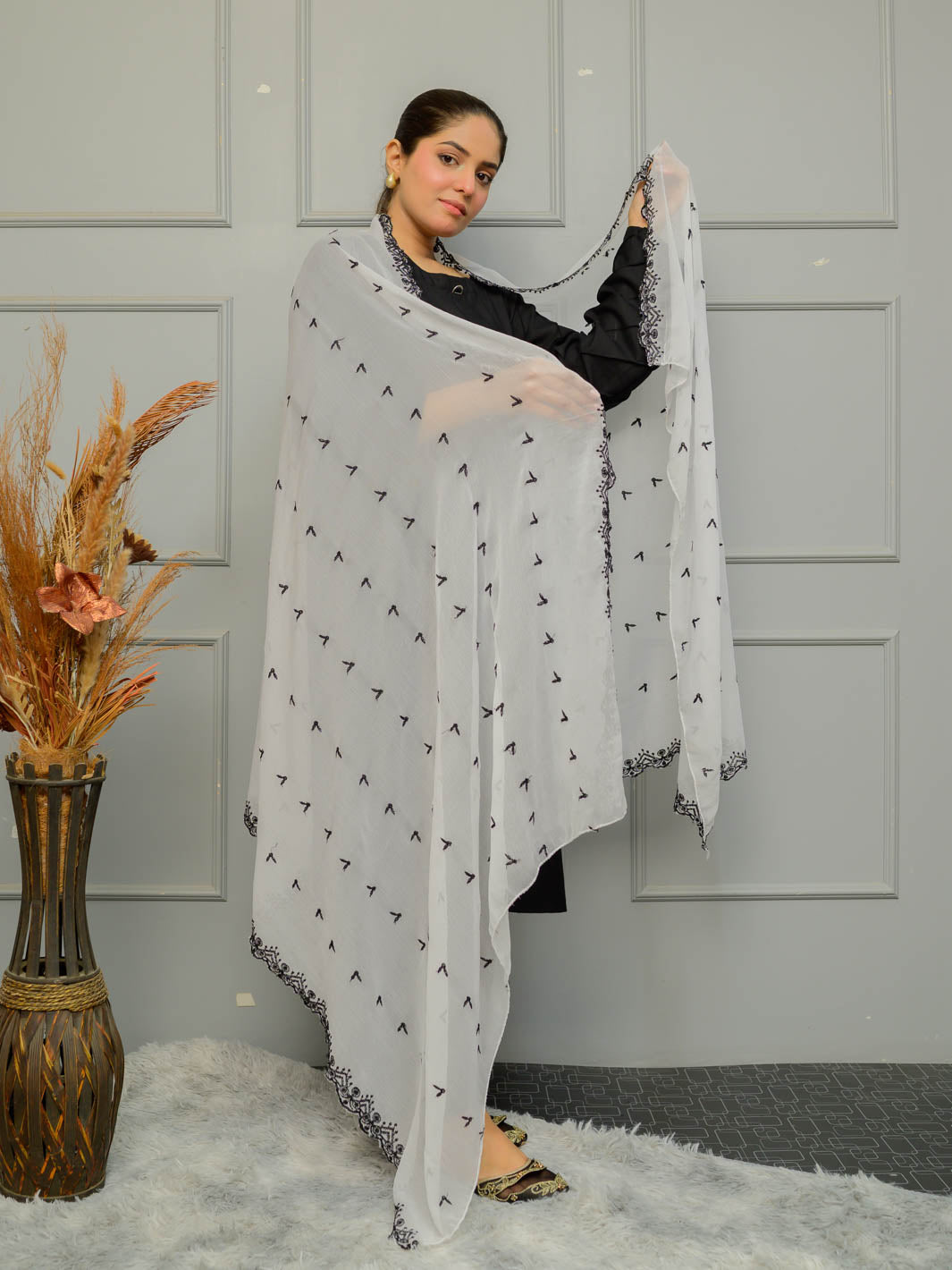 Chiffion Embroidered Dupatta (White&Black 002)