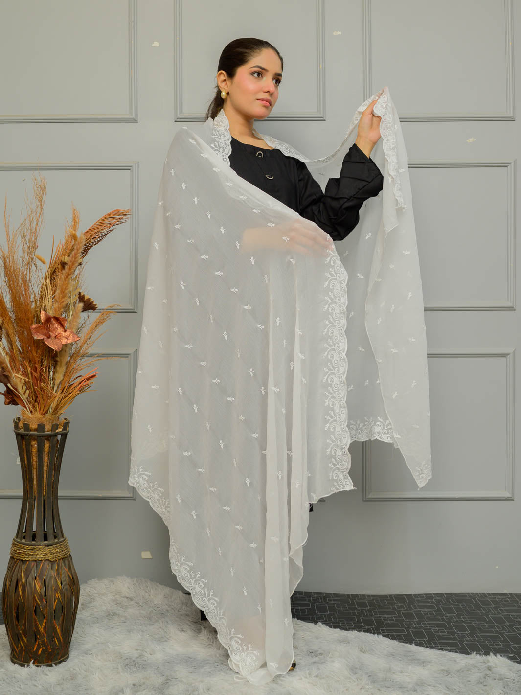 Chiffion Embroidered Dupatta (White 001)