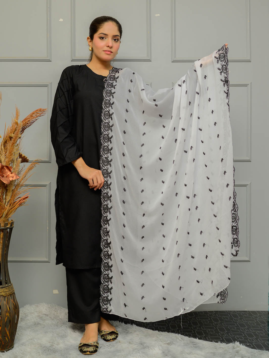 Chiffion Embroidered Dupatta (White&Black 003