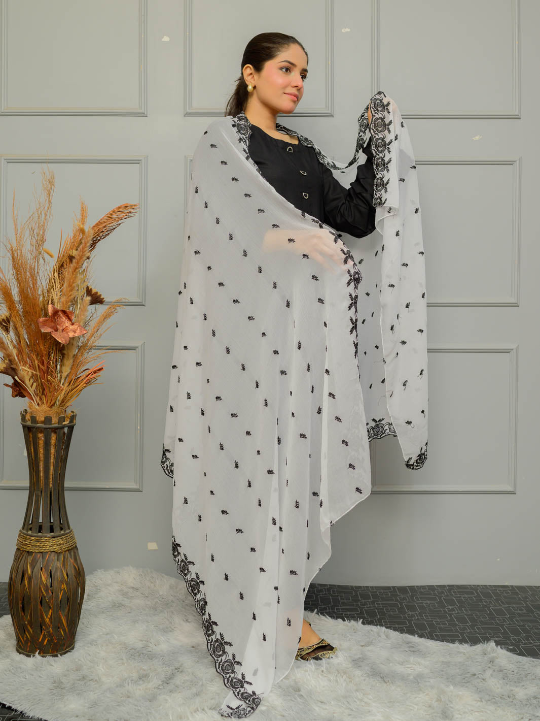 Chiffion Embroidered Dupatta (White&Black 003
