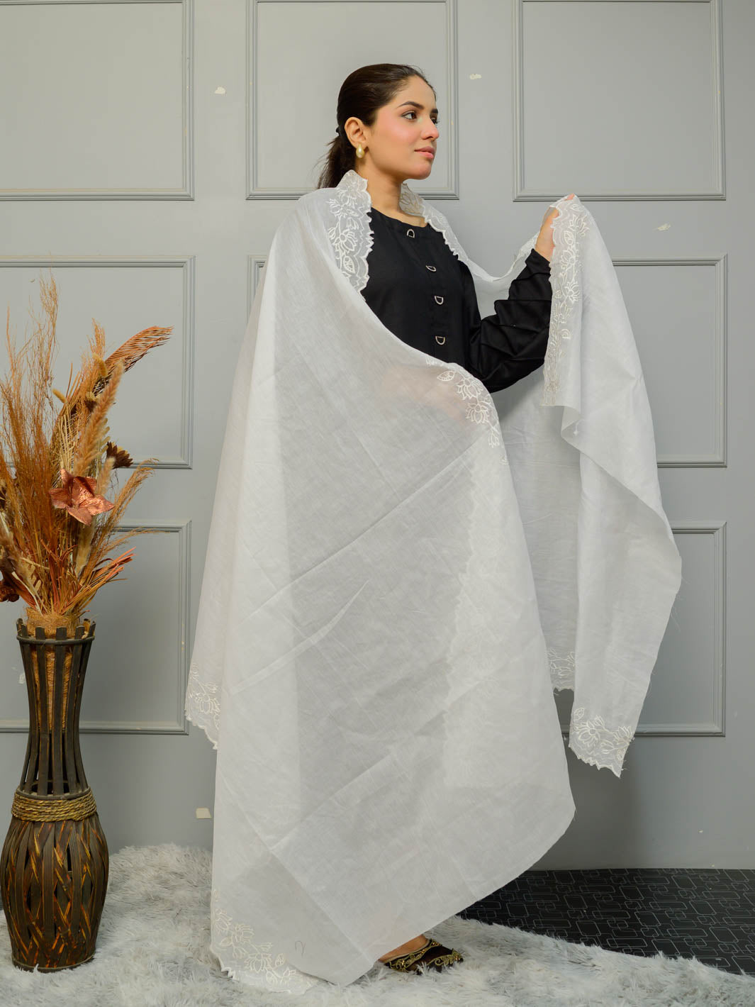 Pure Lawn Cutwork Dupatta (White 003)
