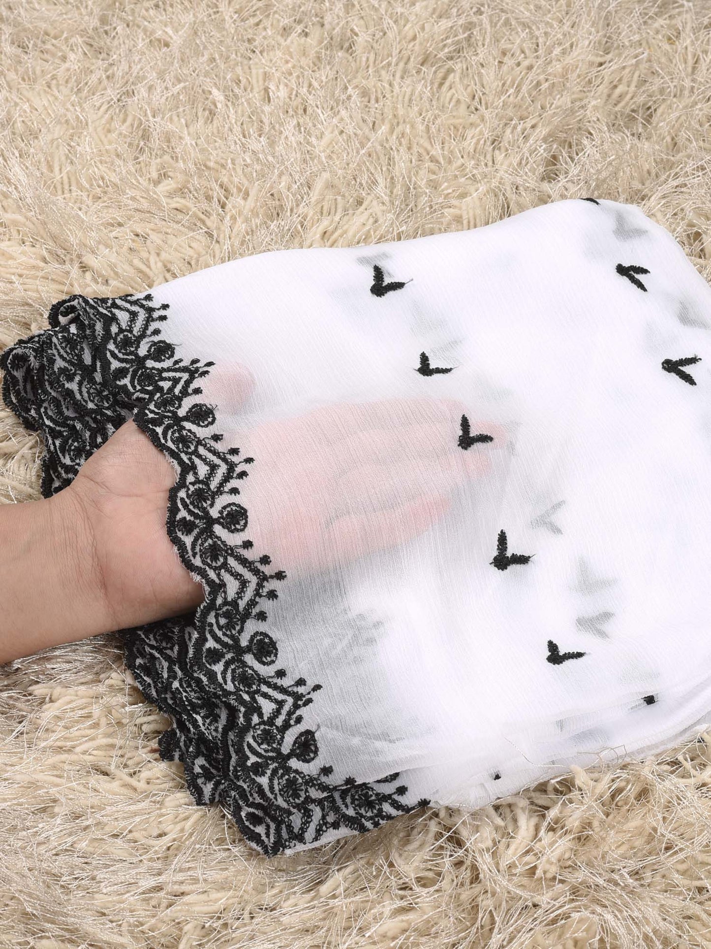 Chiffion Embroidered Dupatta (White&Black 002)