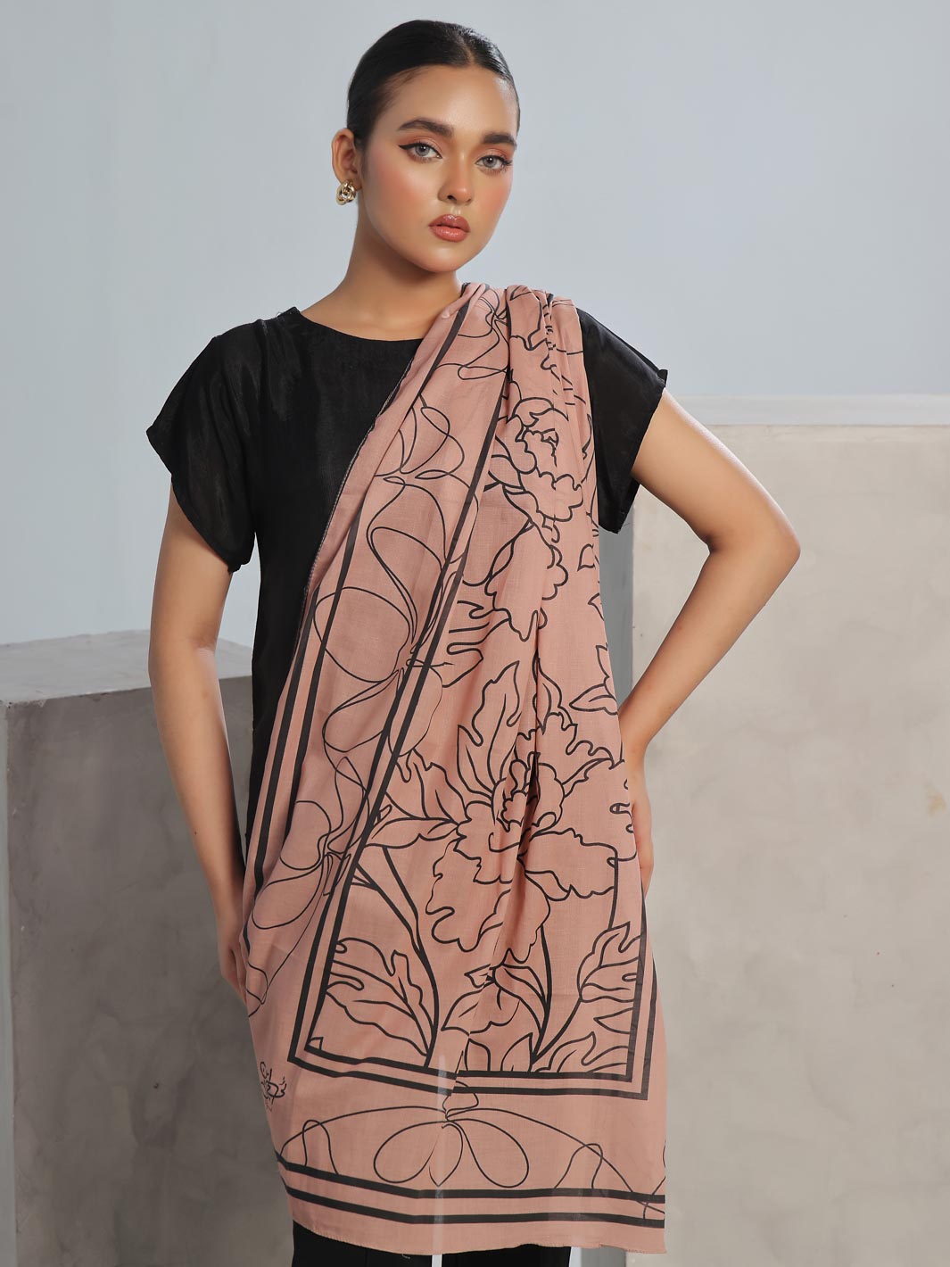 Floral Lawn Stole (Light Brown)