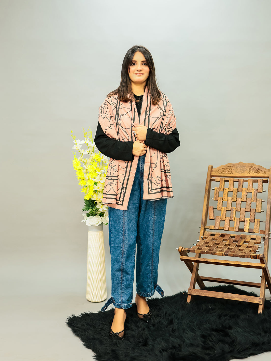 Floral Lawn Stole (Light Brown)