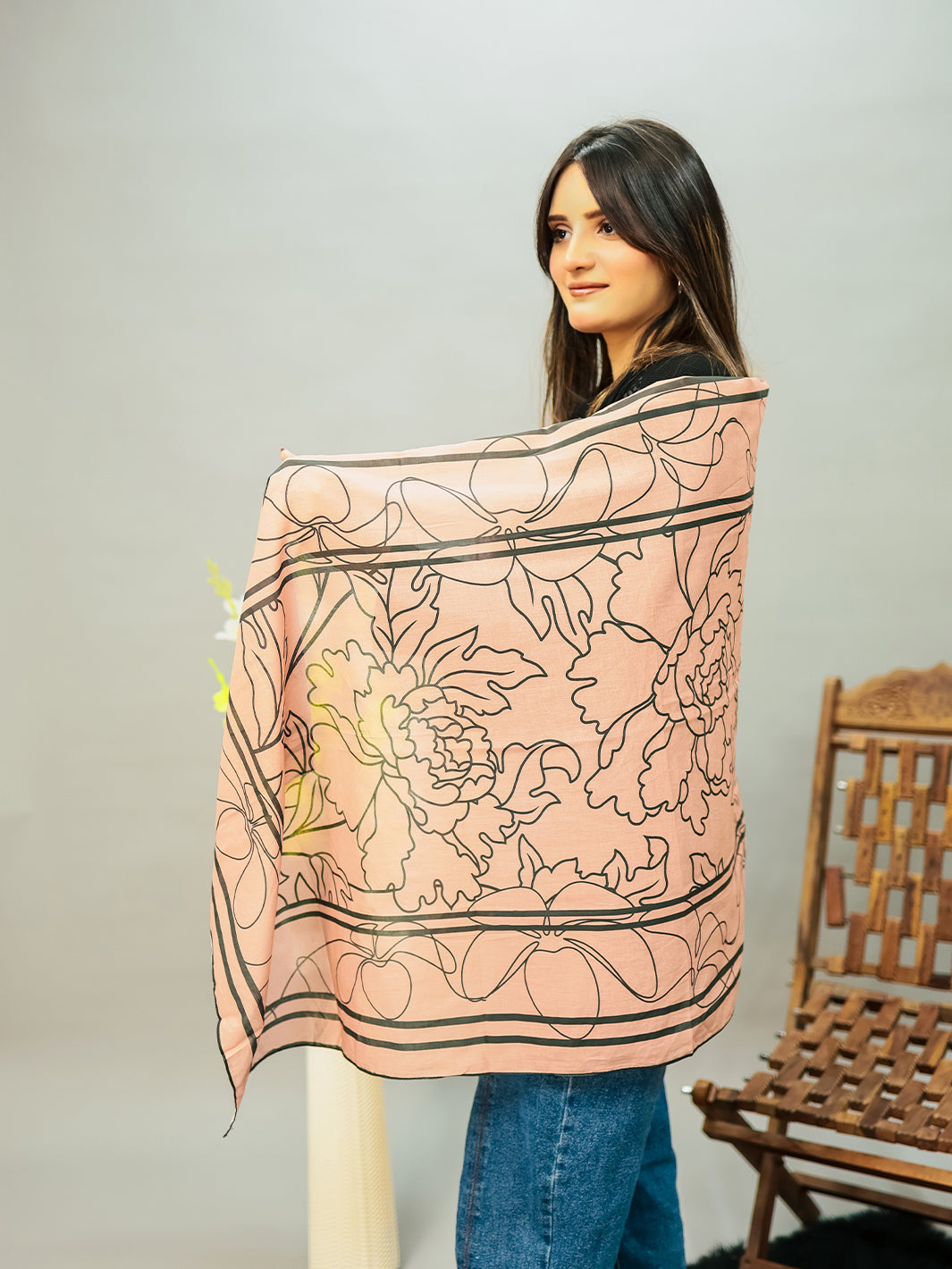Floral Lawn Stole (Light Brown)