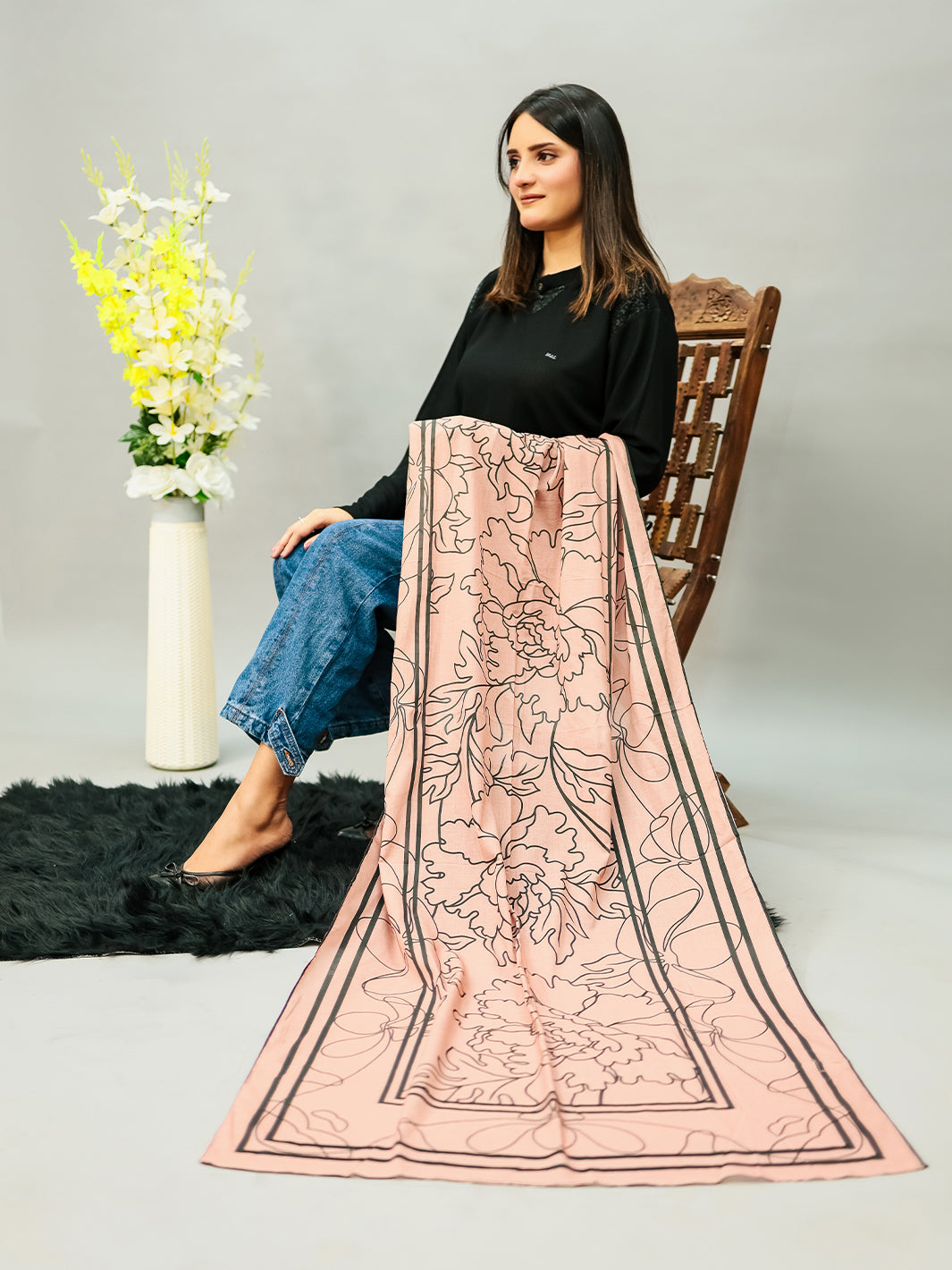 Floral Lawn Stole (Light Brown)