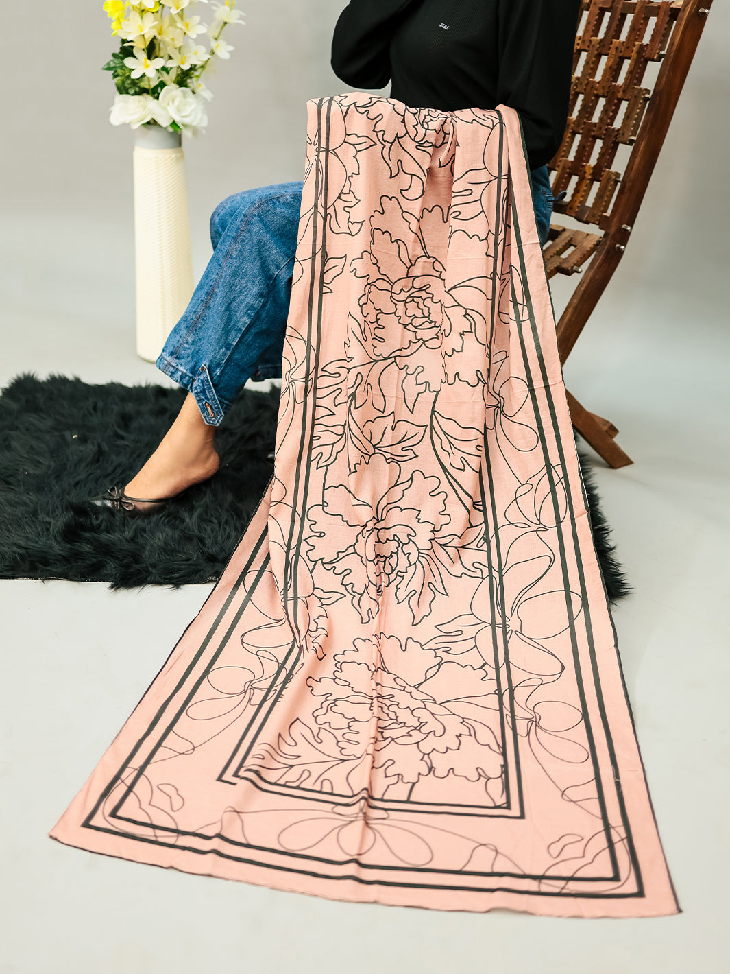 Floral Lawn Stole (Light Brown)