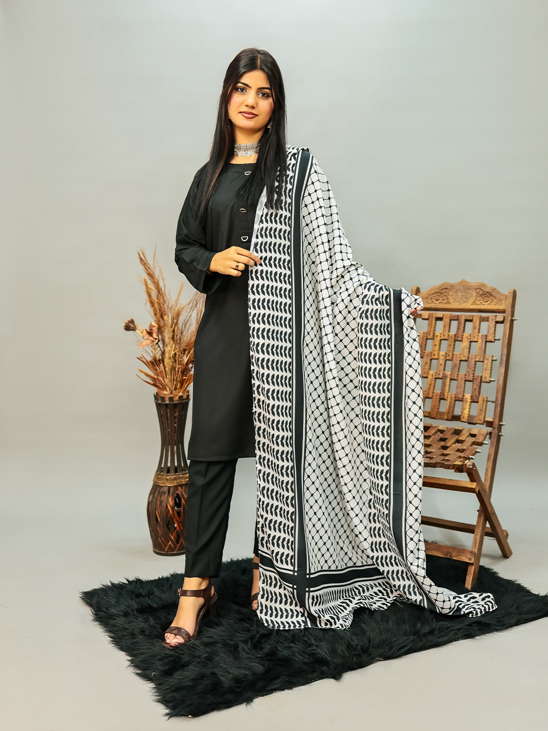 Palestine B&W Voile Dupatta (Black)