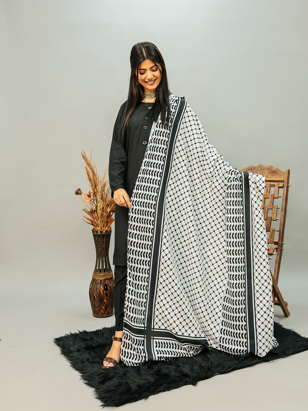 Palestine B&W Voile Dupatta (Black)