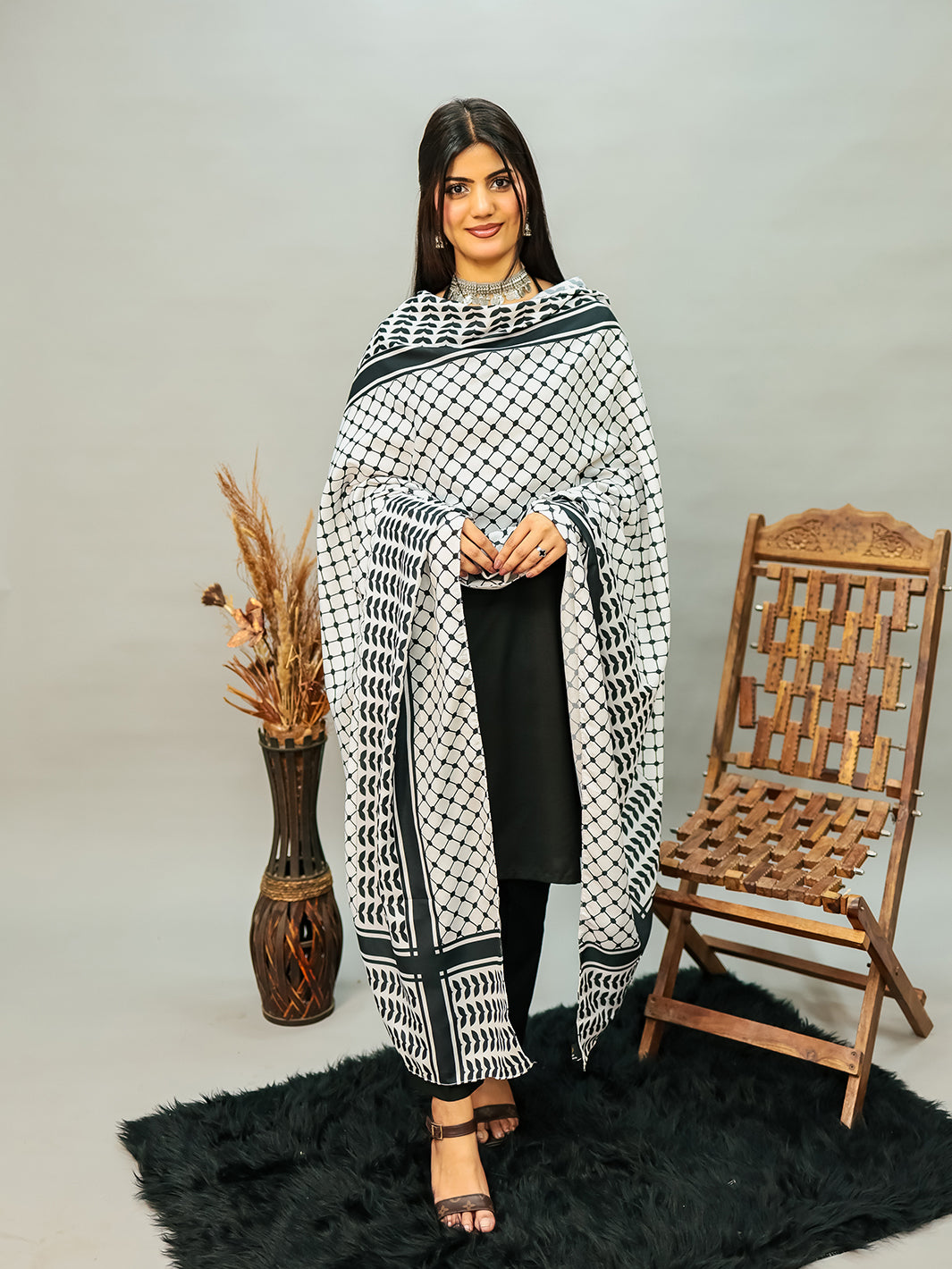 Palestine B&W Voile Dupatta (Black)