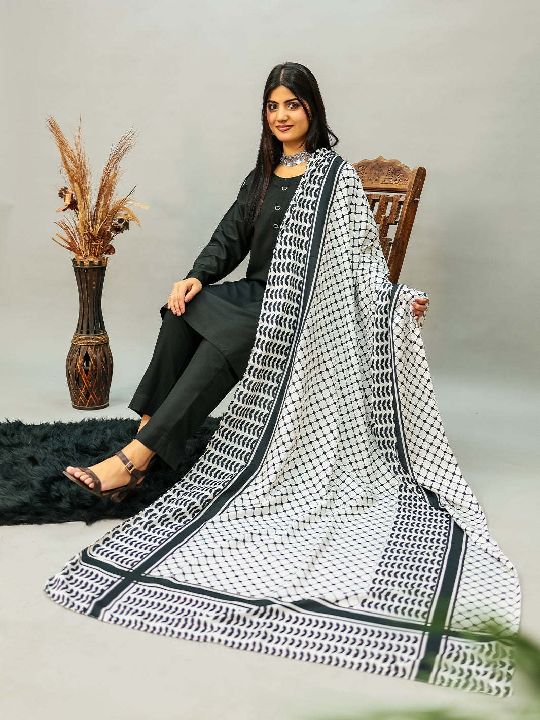 Palestine B&W Voile Dupatta (Black)