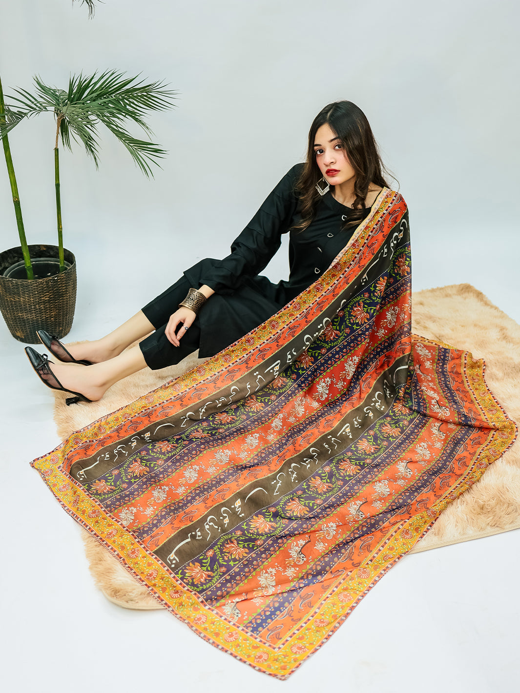 Phool Stripe  Premium Silk Dupatta (Dark Multi)