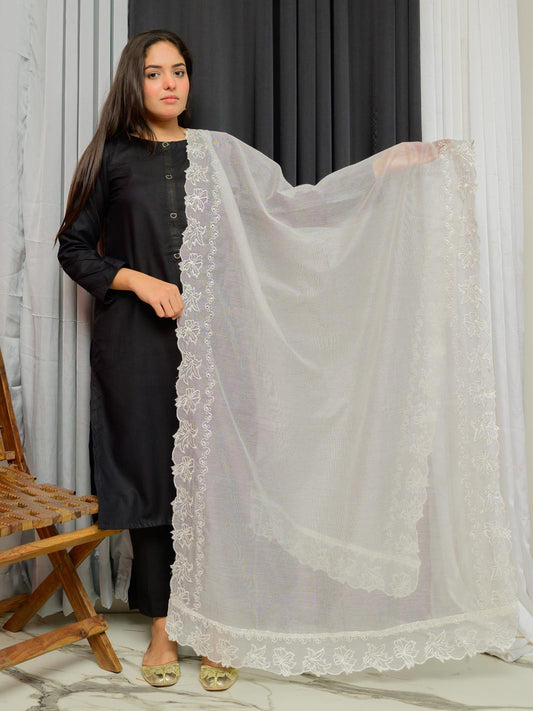 Khaddi Net Embroidered  Dupatta (White 002)