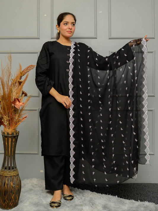 Chiffion Embroidered  Dupatta (Black&White 001)