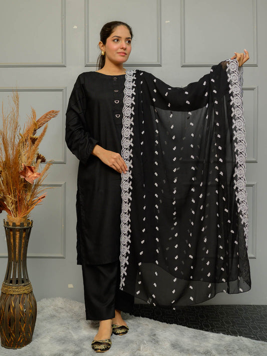 Chiffion Embroidered  Dupatta (Black&White 002)