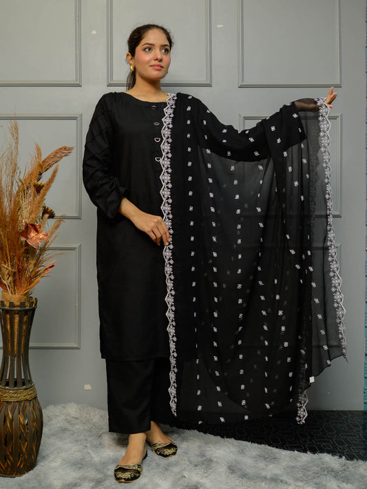 Chiffion Embroidered  Dupatta (Black&White 003)