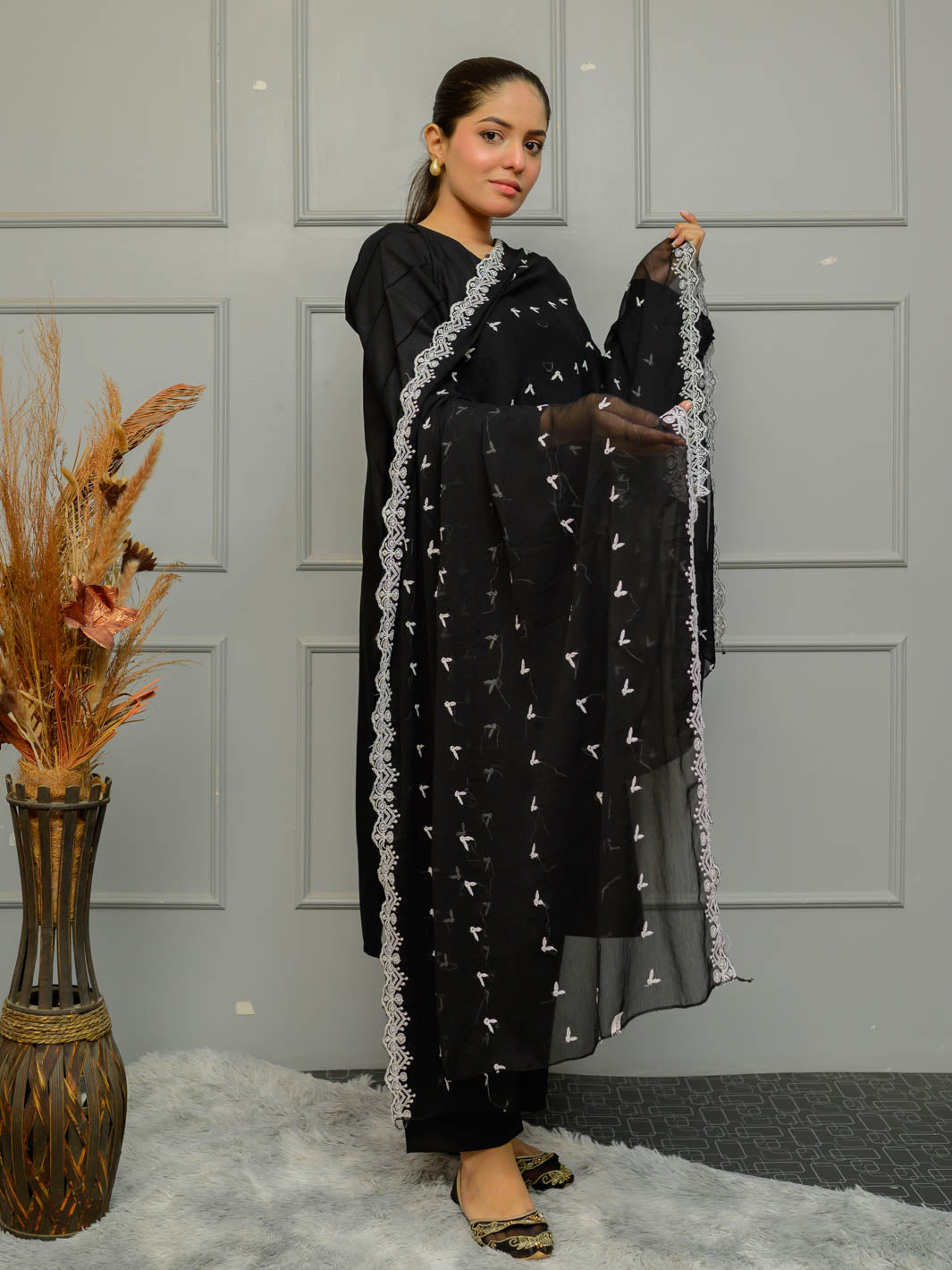 Chiffion Embroidered  Dupatta (Black&White 004)