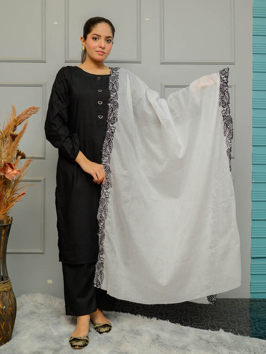 Pure Lawn  Cutwork Dupatta (White&Black 001)
