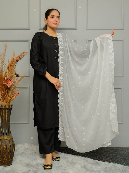 Chiffion Embroidered  Dupatta (White 005)