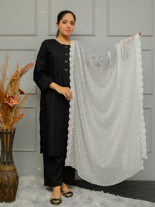 Chiffion Embroidered  Dupatta (White 002)