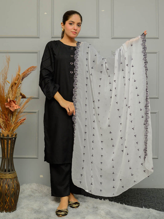 Chiffion Embroidered  Dupatta (White&Black 002)